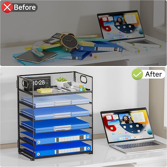 6-Tier Paper Organizer for Desk with Handle, Heavy Duty Metal File Organizer | Stackable Desktop Organizer for Office Supplies, Documents and Stationery Storage