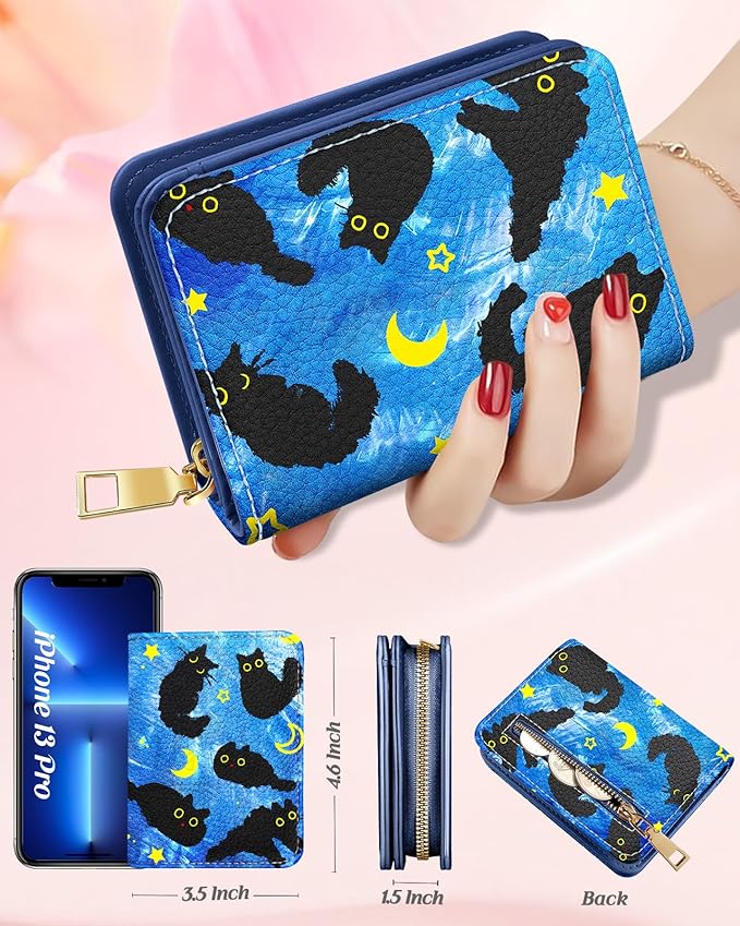 Bistup Credit Card Holder Wallet for Women Cute Leather Ladies Teen Girls Female Cardholder Wallets Accordion Purse Small Medium Aesthetic Print Cat Modern Design Rfid Zipper Around