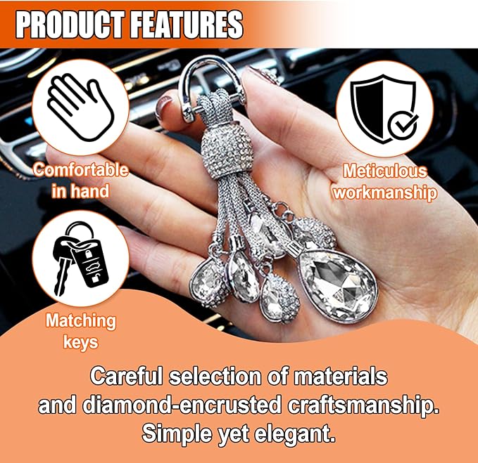 Bling Rhinestone Car Keychain, Fashion Auto Key Fob with Screwdriver, Vehicle Key Decoration Accessories for Woman (White)