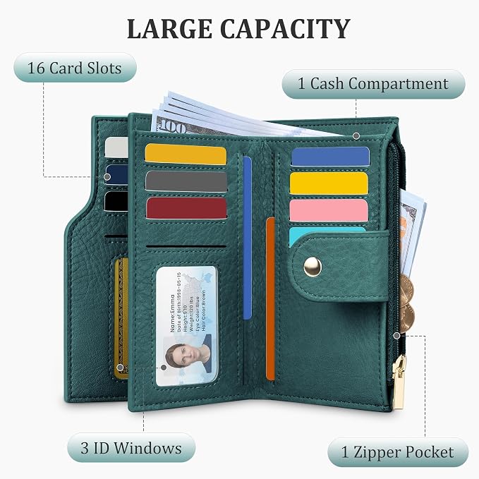 Airkit Small Women's Bifold Wallet, RFID Blocking Credit Card Holder with Zipper, Travel Cute Coin Pocket Wallet for Ladies, Teal