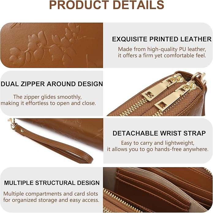 yiijay Womens Wallet RFID Blocking Large Capacity Vegan Leather Double Zip Wristlet Wallet Card Holder Travel Ladies Clutch