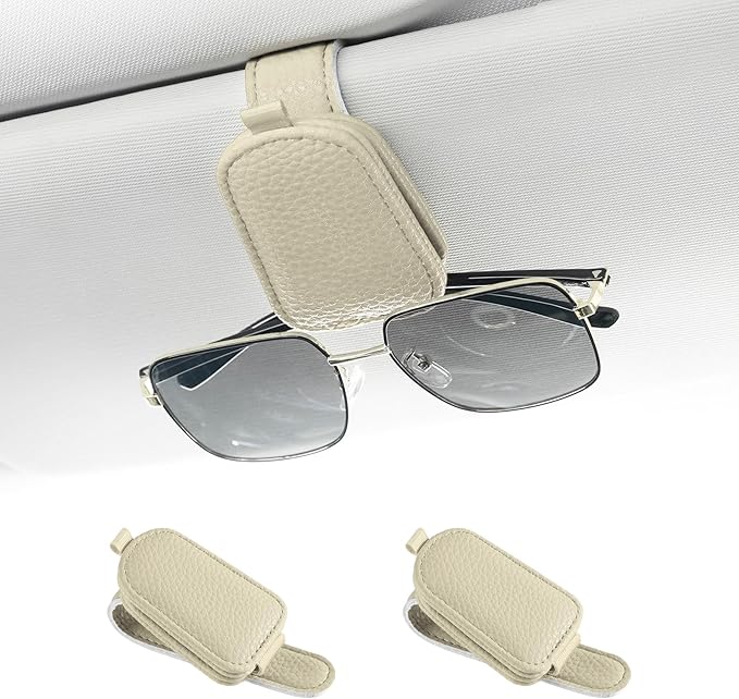 SINGARO Sunglasses Holder for Car, Leather Magnetic Buckle Sun Visor Sunglass Clip, Ticket Card Storage Glasses Clip, Car Interior Accessories for Men and Women（2PCS Beige）