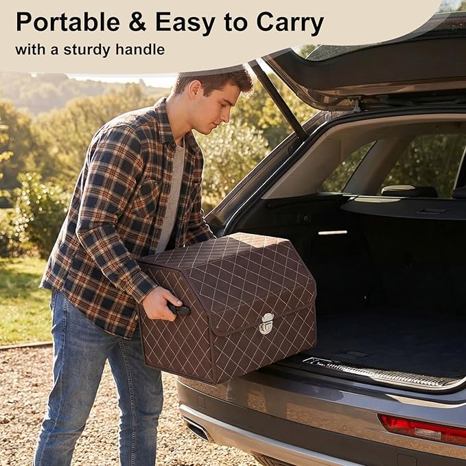 Trunk Organizer with Lid for Car Foldable Storage Box Heavy Duty PU Leather Cargo Organizer for SUV Sedan Waterproof (Brown, Small)