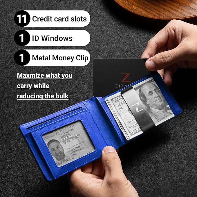 Zitahli Slim Wallet for Men with Money Clip, Minimalist Front Pocket RFID Blocking Leather Wallets Bifold Credit Card Holder, 11 Card Slots and ID Window with Gift Box
