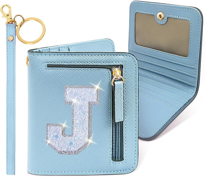 COSHAYSOO Small Wallet for Women Teenager Girl Personalized Initial Gift Preppy Letter Monogrammed Patch Mini Purse Waterproof for Travel Credit ID Cards Cash Holder Novelty Organizer Blue J