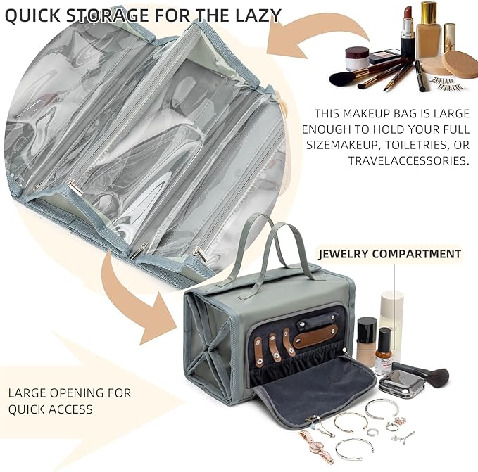 ROYALFAIR Roll Up Makeup Bag, Travel Toiletry Bag for Women with 4 Clear TSA Approved Pouches, Hanging Travel Organizer, Folding Cosmetic Bag for Men and Women (grey)