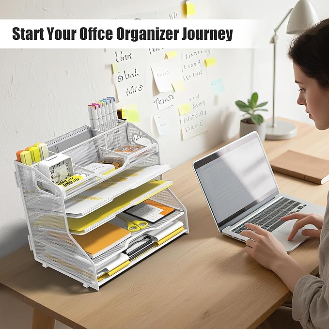 YINGHUA 5 Tier Paper Tray Letter Organizer with Top 6 Adjustable Compartments - Paper Sorter Office Desktop Accessories with Handles for Document,Mail,School Supplies Storage,White