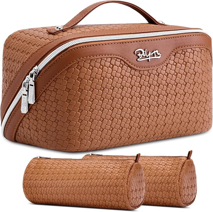 BOYATU Travel Makeup Bag Cosmetic Bags for Women: Large Capacity 3 Pcs Set Make up Bag with Compartments - Waterproof Vegan Leather Toiletry Organizer Bags with Handle (L53Brown)
