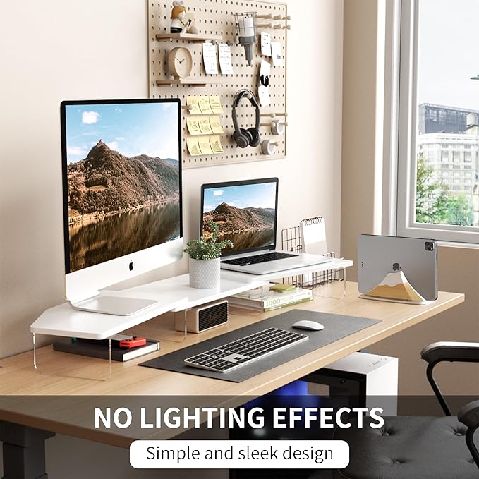 AFOOYO LED Dual Monitor Stand Riser for 2 Monitors,Office Desktop Wooden Stand Adjustable Length and Angle 3 Shelf,Extra Long Multifunctional Stand up to 44.4" for Computer,Laptop,TV,White