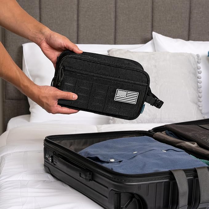 PAVILIA Tactical Toiletry Bag for Men, Water Resistant Molle Military Dopp Kit, Travel Hygiene Organizer with Wet Dry Storage for Shaving, Grooming, Gym and Camping, Black XL