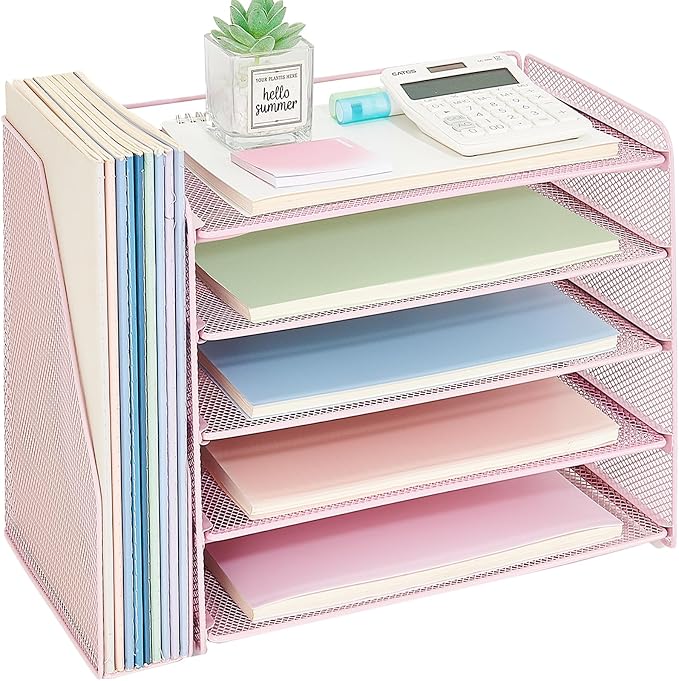 OPNICE Desk Organizer, 5-Tier Paper Organizer Letter Tray with Magazine Holder, Office Desk Accessories & Workspace Organizers, Desktop File Organizer for Office Supplies Storage, Pink