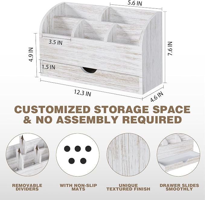 Wood Mail Organizer with Drawer & Pen Holder, White Mail Holder with 5 Detachable Compartments, Desk Organizer for Bill Envelope Storage, for Office Entryway Kitchen Countertop
