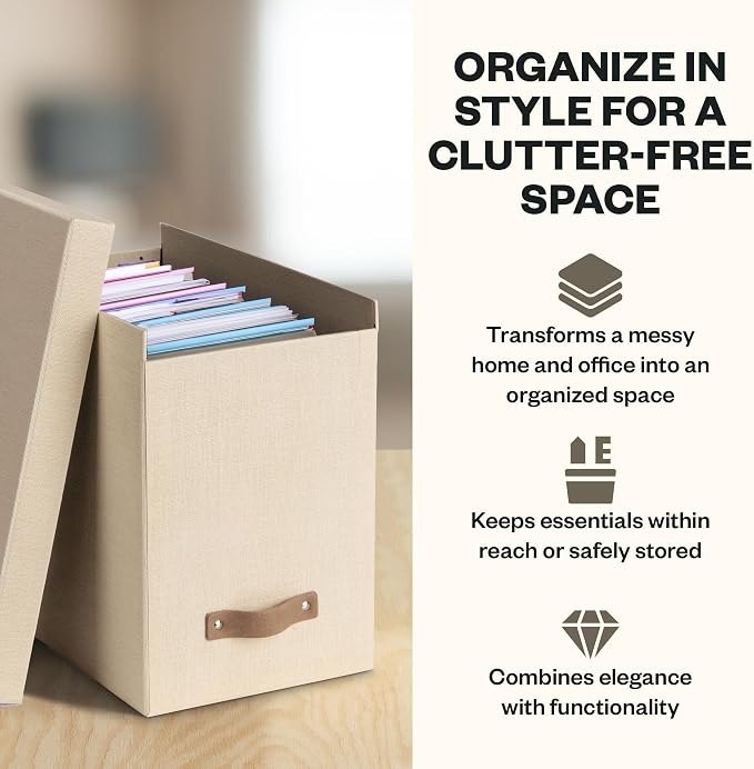 Bigso John File Box - File Storage Box and File Organizer for Important Paperwork - Durable Hanging File Box with Lid and Leather Handle - 7.36 in x 13.26 in x 10.51 in - Cream