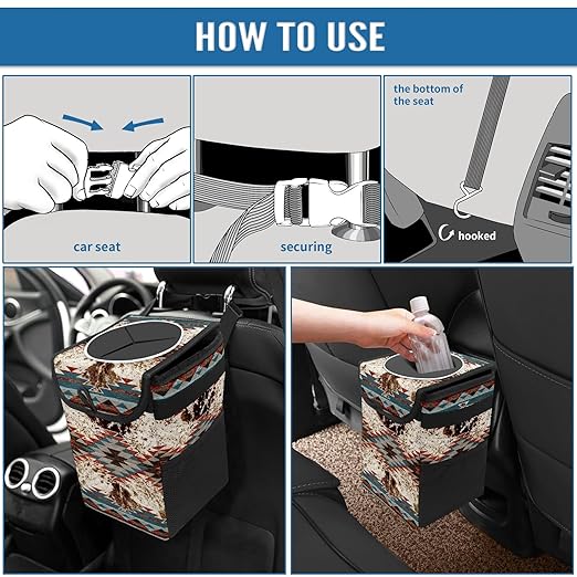 Car Trash Can with Lid Western Aztec Cow Print Collapsible Reusable Leak-Proof Auto Garage Bag,Hanging Vehicle Car Accessories Interior Car Organizer