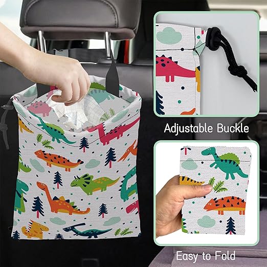 Cartoon Dinosaurs Car Trash Bag,Hanging Drawstring Car Garbage Bag,Waterproof Canvas Car Back Seat Organizer with Adjustable Buckle,for Vehicles,SUVs,Camping,Road Trips