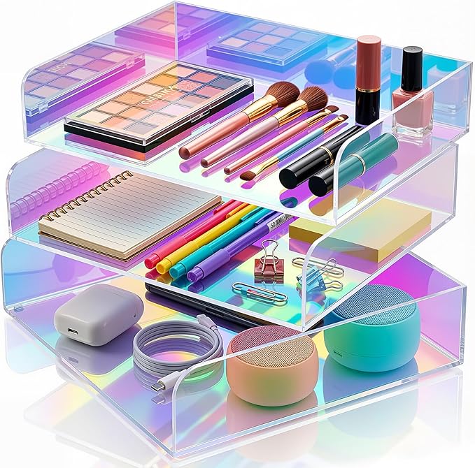 Suzile 3 Pcs Iridescent Acrylic Letter Organizer 12.6 x 9.5 x 2.8 Inches Stackable Iridescent Letter Tray Paper Tray for Desk File Document Folder Notebooks Stationery Office Accessories (Horizontal)