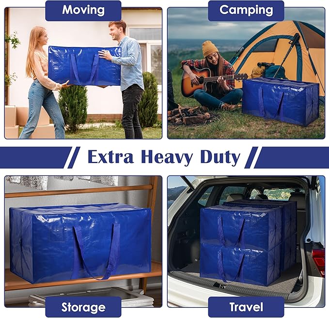 6 Pack Moving Bags with Full-Open Side Zipper, Extra Large 93L Heavy Duty Waterproof Foldable Storage Totes for College Dorm, Moving & Home Organization,Blue