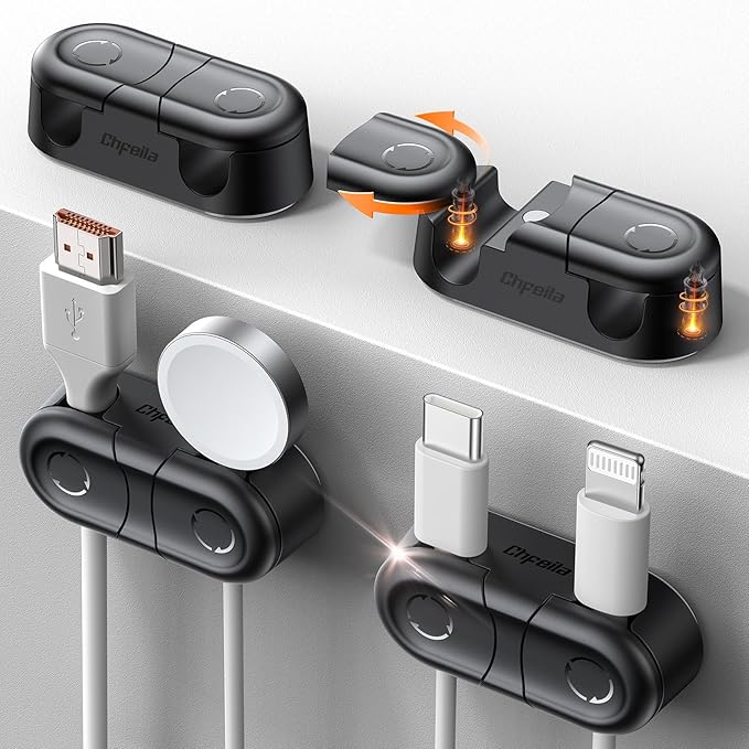 Magnetic Cable Clips - Chfeila 4Pack [Dual Slot] [360°Rotating & Twist-Lock] Cord Management, Adhesive Phone Charging Keeper, Wire Organizer Holder for Nightstand, Home Office Desk Accessories Decor