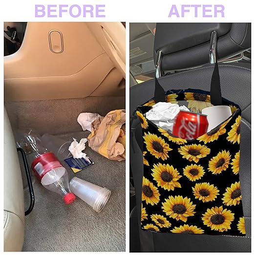 Car Trash Bag Hanging Sunflower Car Trash Can for Back Seat Waterproof Car Trash Bin with Adjustable Straps and Drawstring for Car Accessories Vehicle Travelling Camping