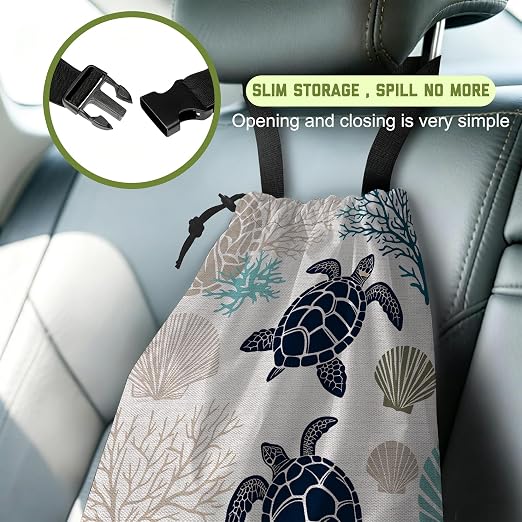 Car Garbage Bag Ocean Turtle Coral Shells Hanging Canvas Car Trash Bag Waterproof Drawstring Car Back Seat Organizer for Car Back Front Seat Console with Adjustable Buckle
