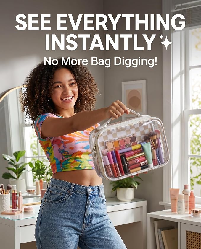 LETGO Clear Checkered TSA Approved Toiletry Bag,Diaper Bag Organizer Pouch Set,Clear Waterproof Makeup Bags with Zipper,Purse Organizer Pouches,Travel Beach Organizer Bags for Woman and Kids