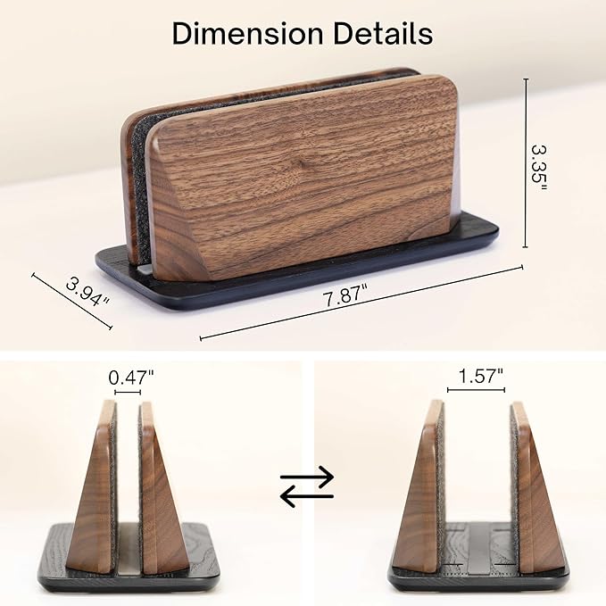 Vertical Laptop Stand, Solid Black Walnut Body & Black-Finished Ash Wood Base, Wood Laptop Holder Vertical for Desk - Adjustable Dock (0.47"-1.57" Width) Fits Most Laptops, MacBooks
