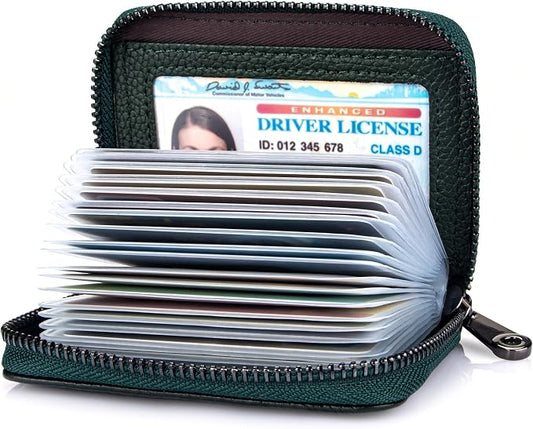 Suweibuke Genuine Leather Credit Card Holder Zipper Wallet RFID Blocking Secure Card Case ID Case Organizer (Black Green)