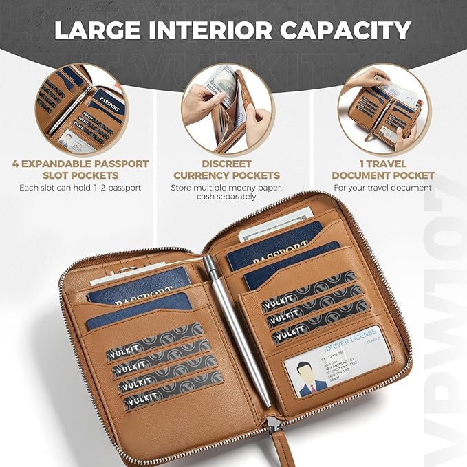VULKIT Leather Passport Holder for 4-8 Passports Family RFID Blocking Passport Wallet with Zipper Travel Documents Organizer for Men or Women (Brown)
