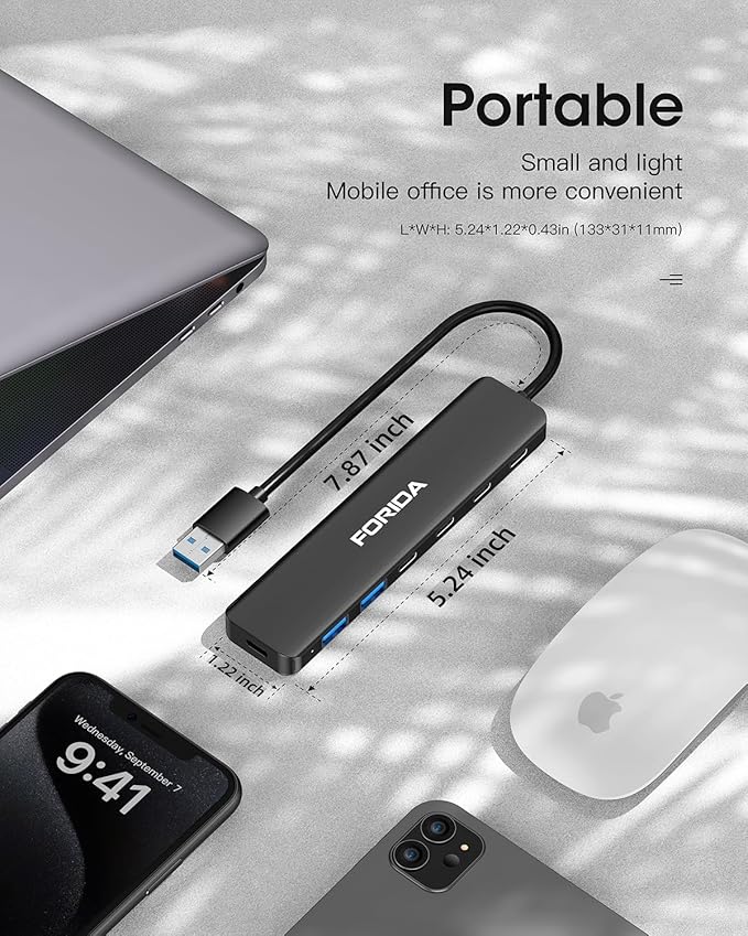 FORIDA USB Hub 3.0 to USBA, 7 in 1 USB Splitter with Ultra-Slim 4 USB C Multiport Extender Adapter for Laptop, 5V Type-C Port & 20cm Extension Cable for Desktop, MacBook More Multiple Devices