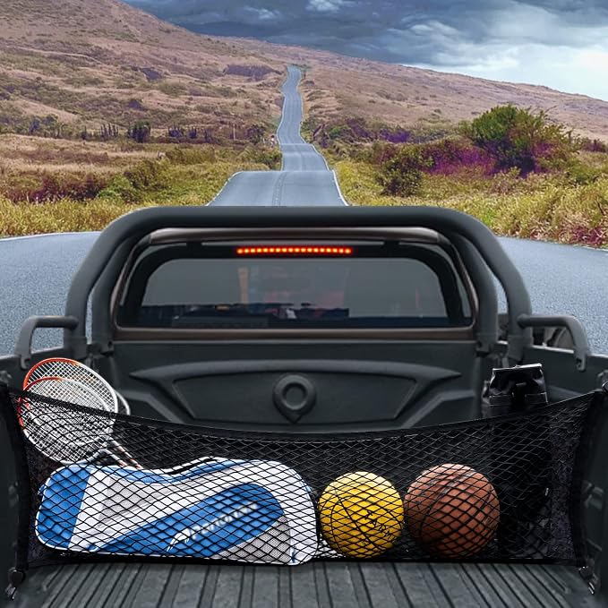 Truck Bed Cargo Net 60x18 Inch Elastic Double Mesh Organizer for Ford F150 Chevy Silverado GMC Sierra Heavy Duty Truck Bed Storage Net with ABS Hooks Automotive Cargo Net for Pickup