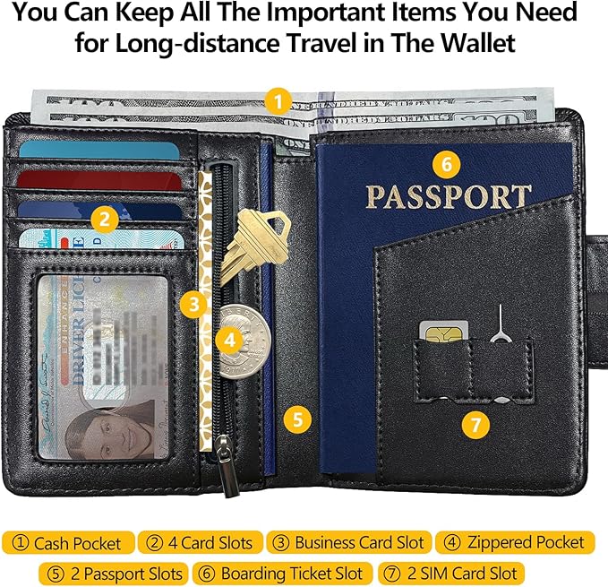 Passport Holder Cover Wallet with AirTag Slot - RFID Blocking Travel Wallet Organizer for Men, Premium PU Leather Case with SIM Card Slots, Pen Loop & Zipper Pocket for International Travel Essentials