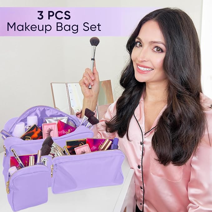 DANCOUR 3-Piece Makeup Bag Set – Mini, Small & Large Purple Cosmetic Bags for Women & Girls, Cute Travel Toiletry Bags, Purple Makeup Organizer Set Makeup Pouch