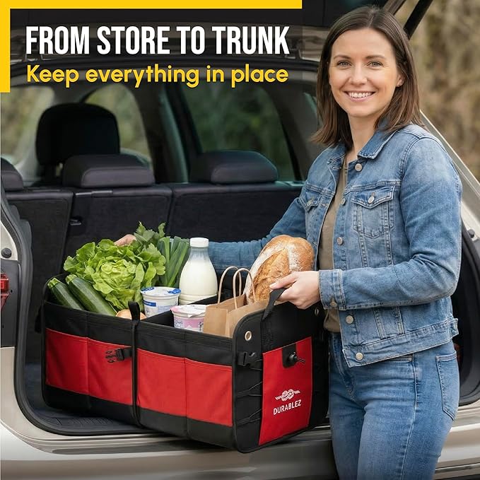 2-Section Foldable Trunk Organizer – Compact Car Storage for Groceries, Kids Items, Travel Gear – Dual-Compartment Cargo Bin with Cover Net – Red