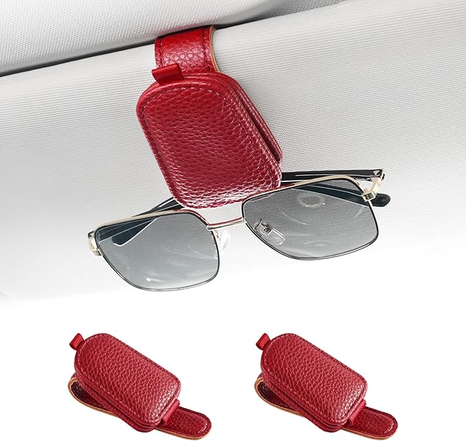 SINGARO Sunglasses Holder for Car, Leather Magnetic Buckle Sun Visor Sunglass Clip, Ticket Card Storage Glasses Clip, Car Interior Accessories for Men and Women（2PCS Red）
