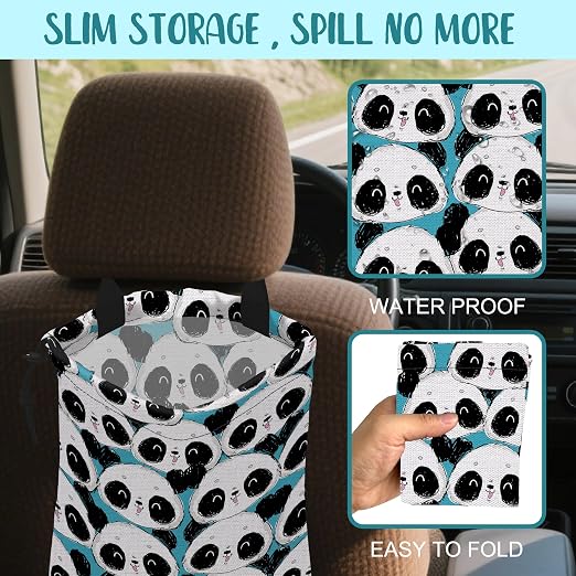 Car Garbage Bag Cute Panda Hanging Canvas Car Trash Bag Waterproof Drawstring Car Back Seat Organizer for Car Back Front Seat Console with Adjustable Buckle