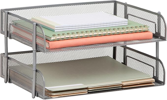 Mind Reader 2-Tier Stackable Paper Tray, Desktop Organizer for Letter-Size Documents, Office File Storage, Metal Mesh, Set of 2, Silver