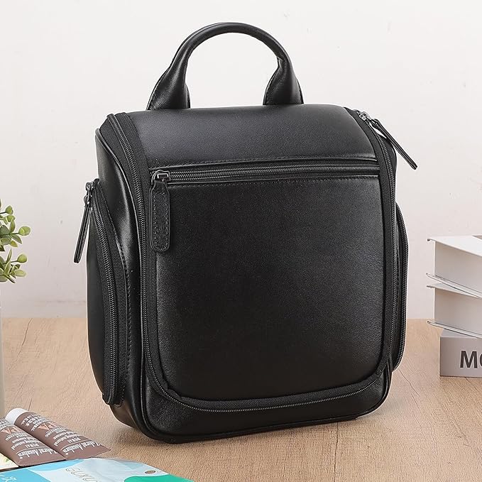 Masa Kawa Leather Hanging Travel Toiletry Bag for Men Portable Expandable Camping Cosmetics Makeup Toiletries Organizer Waterproof Bathroom Shaving Kit Black Wash Bags