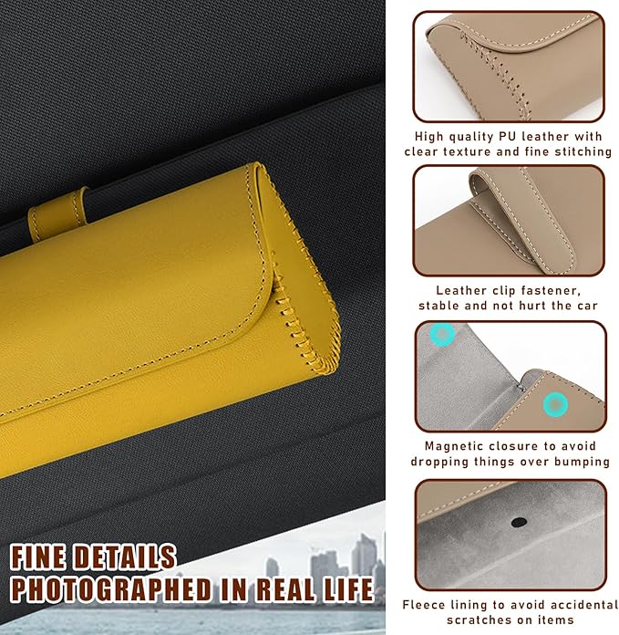 Augeny Sunglasses Holder for Car Sun Visor, Leather Auto Eyeglasses Storage Case with Hidden Magnetic Closure, Protective Glasses Organizer Box, Vehicle Visor Accessories for Woman Man (Yellow)