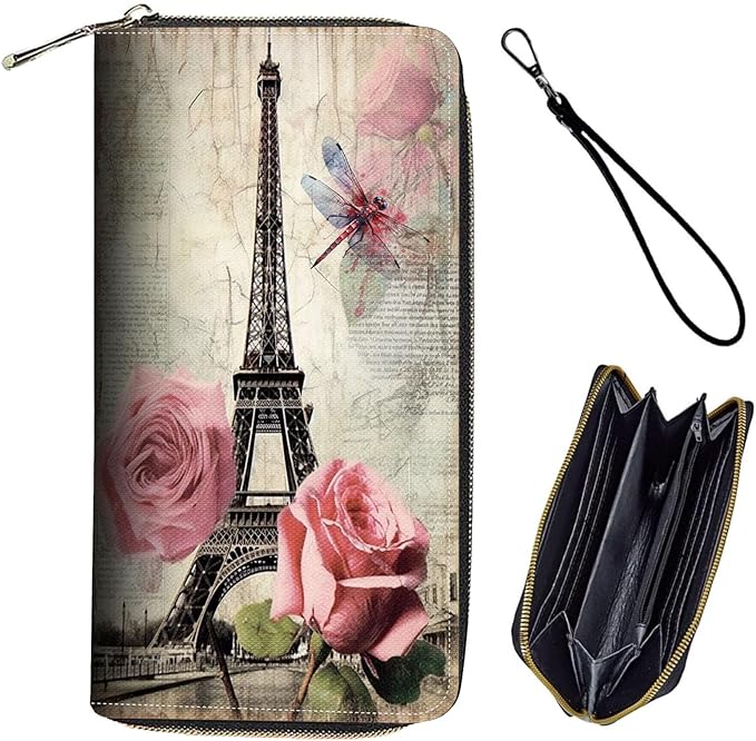 Bxgolkgd Womens Wallet, RFID Blocking Leather Wallet,Large Capacity Wallet Credit Card Holder PU Leather Ladies Clutch with Zipper Coin Pocket - Vintage Paris Tower Rose