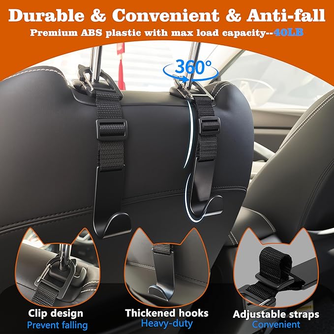 Amooca Car Headrest Hooks 4 Pack Adjustable Universal Fit Auto Seat Back Organizer Storage Hanger Purse Bags Holder with Clip Black