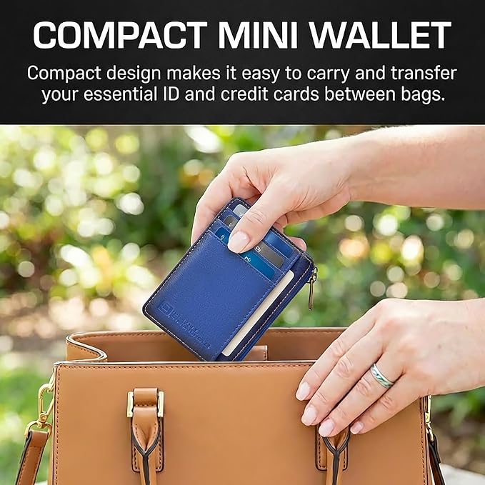 ID STRONGHOLD RFID Front Pocket Wallet Mini Minimalist Wallet Slim Wallet Genuine Leather with Zipper , Royal Blue , Small