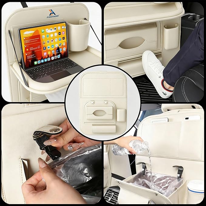 Universal Premium Leather Foldable Car Backseat Organizer with Table Tray, Car Seat Back Protector with Garbage Bag Touch Screen Pad Holder, Car Kick Mats Protector with Tissue Holder (Beige)