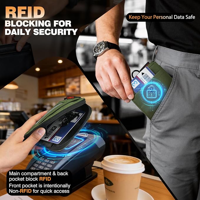 Coin Purse for Men, RFID Blocking 500D Nylon Small Wallet with Key Clip, Slim Front Pocket Card Holder, Zipper Coin Pouch & ID Window Organizer for Cards, Cash