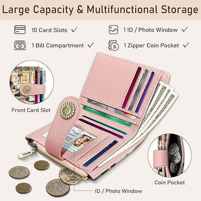 Kelvoris Cute Lovely Black Cats Small Rfid Women Wallet Bifold Zipper Coin Pocket PU Leather Compact Cash Travel Credit Card Holder for Female Ladies Teen Girls 1 ID Window 10 Card Slots