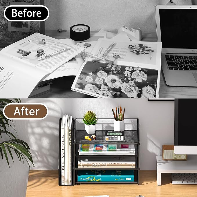 4-Tier Paper File Organizer with Bookend, Metal Desk Organizer, Tiered Paper Tray for Letter/A4 Files, Desktop Office Supplies Storage Rack for Home Office, Classroom, School & Work, Black
