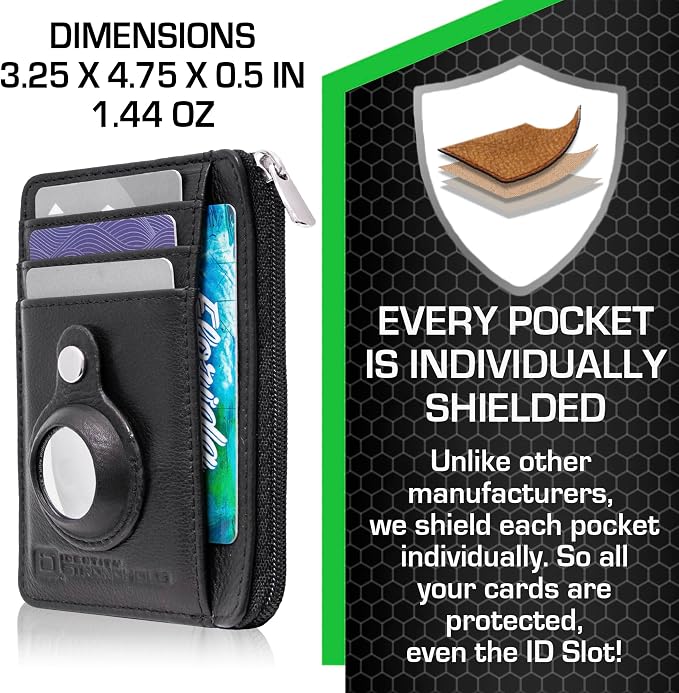 ID Stronghold RFID Blocking Front Pocket Wallet – Slim Minimalist Genuine Leather Wallet with Zipper Coin Pocket (Airtag Black)