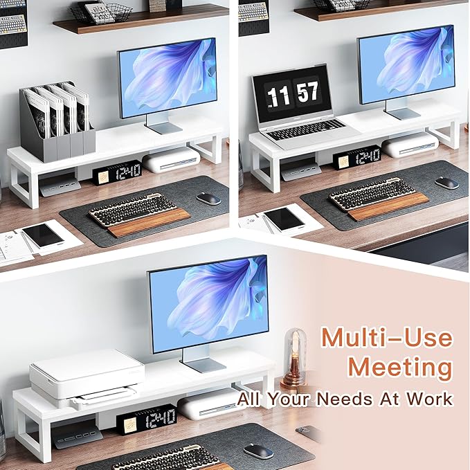 Dual Monitor Stand Riser, Large Computer Monitor Stand for 2 Monitors, Multi-Purpose Desk Organizers and Accessories, Wood and Steel Desk Shelf for Computer, Laptop, Printer, TV, White