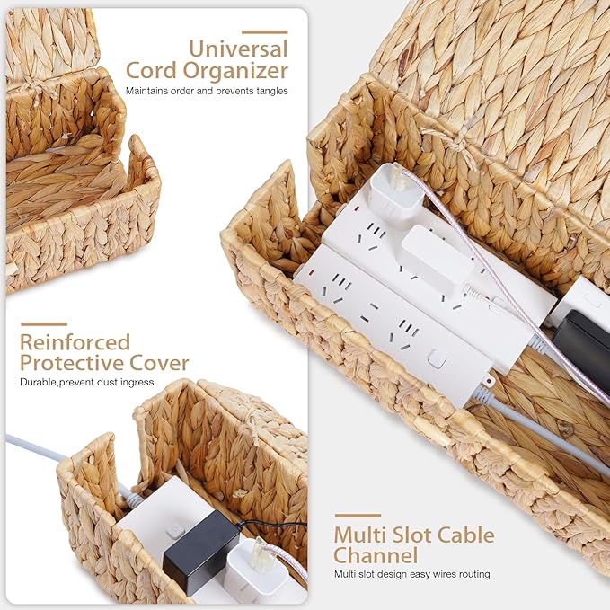 Cable Management Box with Lids-Handwoven Rattan Cord Organizer with Open Slots,Desk Organizer Box to Hide Power Strips&Cords,Office Desk Accessories Storage Basket,2 Pack