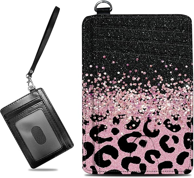 Small Travel Wallets, Pink Glitter Leopard Slim Minimalist Front Pocket Wallet with Wristlet, RFID Blocking PU Leather Credit Card Holder with ID Window Change Purse for Men Women