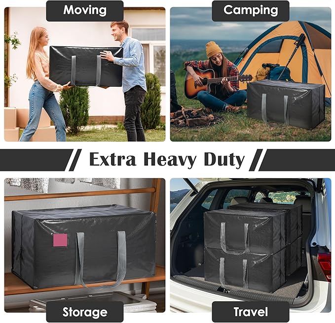 6 Pack Moving Bags with Full-Open Side Zipper, Extra Large 93L Heavy Duty Waterproof Foldable Storage Totes for College Dorm, Moving & Home Organization Gray